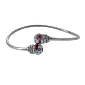 Estate Sterling Silver 925 Cloisonné Floral Bead Cuff Bracelet 6.5"